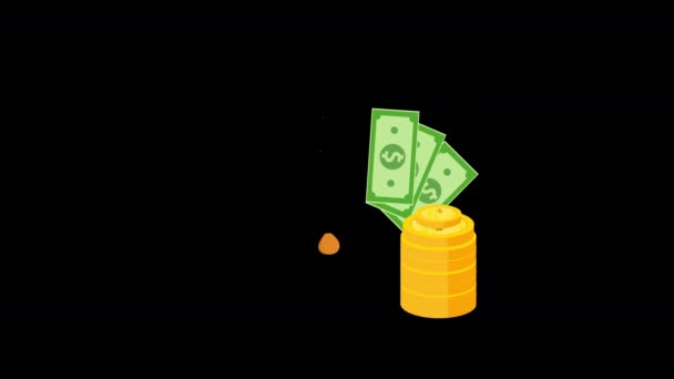 Bolsa Dinero Monedas Dólar Billetes Banco Que Ahorran Concepto Animación — Vídeos de Stock