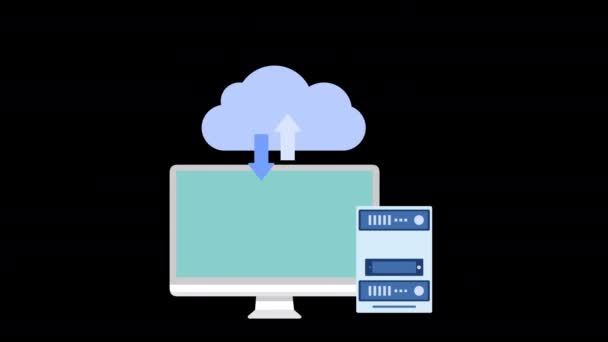 云计算上传数据到云安全 计算机笔记本电脑智能电话服务器循环动画与阿尔法通道 — 图库视频影像