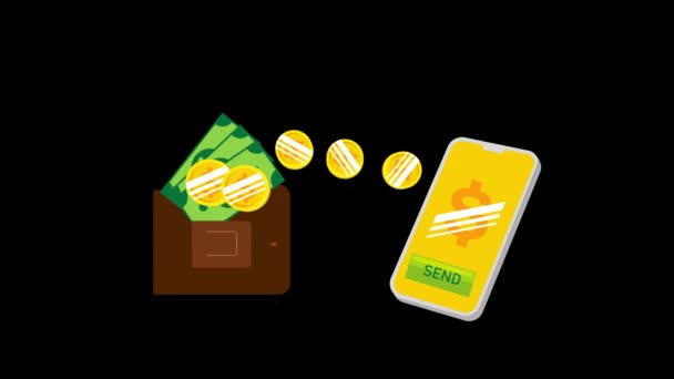 Деньги Отправить Мобильный Смартфон Банковскими Платежами Анимации Альфа Канала — стоковое видео