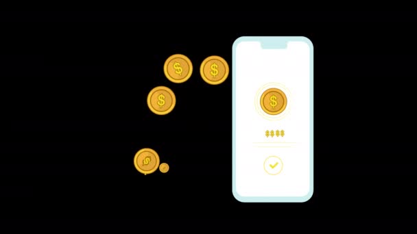 Гроші Надсилають Мобільний Смартфон Банківською Платіжною Анімацією Альфа Каналом — стокове відео