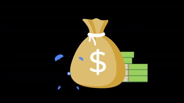 Bolsa Dinero Monedas Dólar Billetes Banco Que Ahorran Concepto Animación — Vídeo de stock