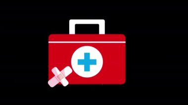 Alfa kanallı acil tıbbi tedavi konsepti animasyonu için bandajlar, şırıngalar, haplar ve diğer tıbbi gereçler içeren bir ilk yardım çantası.