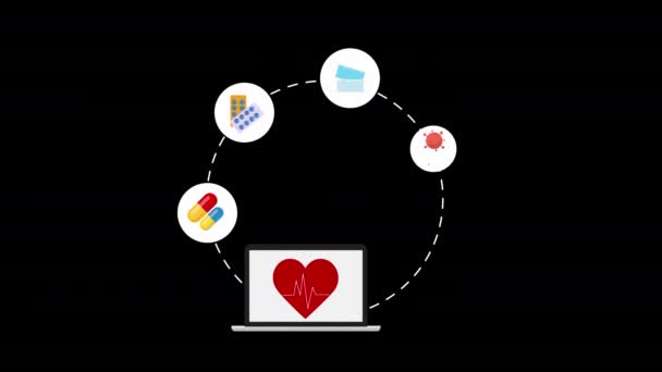 Ekran Laptopa Otoczony Ikonami Medycznymi Cyfrowe Zdrowie Cyfrowy Sprzęt Medyczny — Wideo stockowe