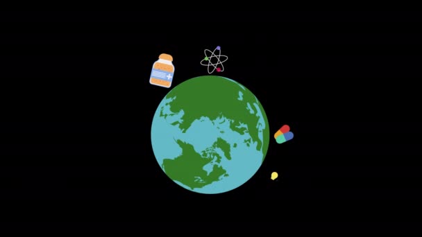 Globe Srdečními Zdravotnickými Předměty Obklopen Koncepce Animace Alfa Kanálem — Stock video
