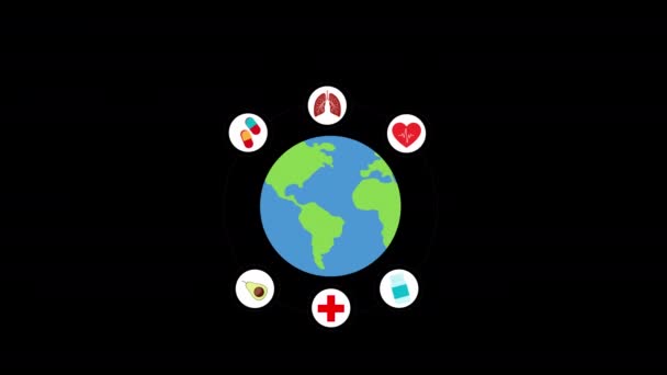 Globo Com Ícones Médicos Torno Dele Dia Mundial Saúde Bem — Vídeo de Stock