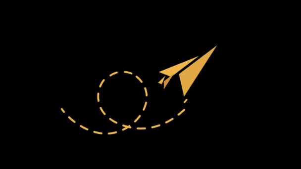 Een Geel Papieren Vliegtuig Dat Door Een Stippellijn Icoon Concept — Stockvideo