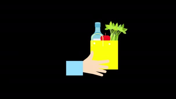 Een Hand Met Een Gele Tas Met Food Icon Concept — Stockvideo