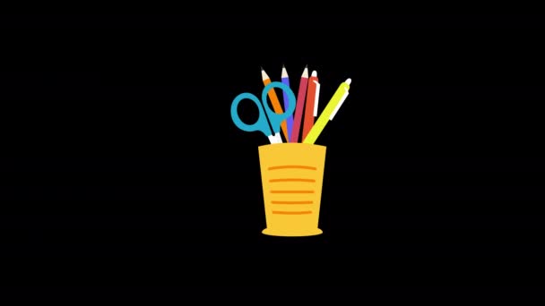 带有钢笔和剪刀图标的杯子 带有Alpha通道的概念循环动画视频 — 图库视频影像
