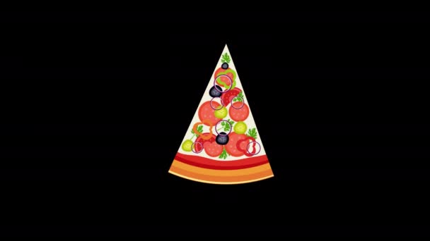 アルファチャンネル付きの野菜と肉アイコンコンコンセプトアニメーションのピザスライス — ストック動画