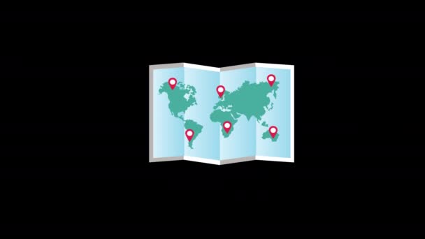 アルファチャンネルで赤いポインタのアイコンコンコンセプトアニメーションで世界の地図 — ストック動画