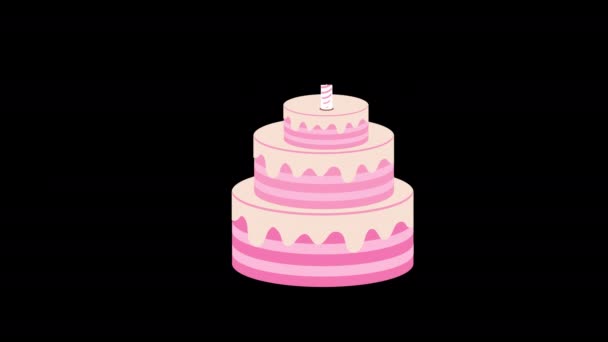 快乐的生日粉红蛋糕在顶部的蜡烛图标概念循环动画视频阿尔法通道 — 图库视频影像