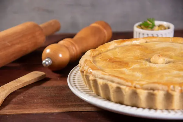 chicken pie, pie on rustic wooden table