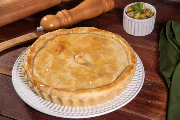 chicken pie, pie on rustic wooden table