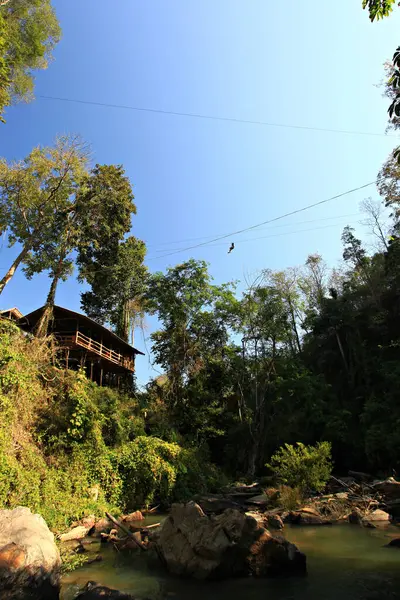 Asyalı turistler Ban Mae Wang, Chiang Mai, Tayland 'da bir teleferik hattında macera yaşıyorlar. 