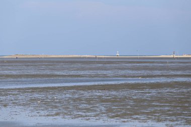 Deniz seviyesi düştüğünde çamurlu deniz manzarası Ban Pak Thale, Ban Laem District, Phetchaburi Eyaleti, Tayland 