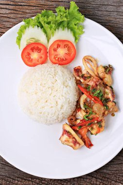 Rice Topped with Stir-fried Seafood Basil, Popular quick meal menu in Thailand 