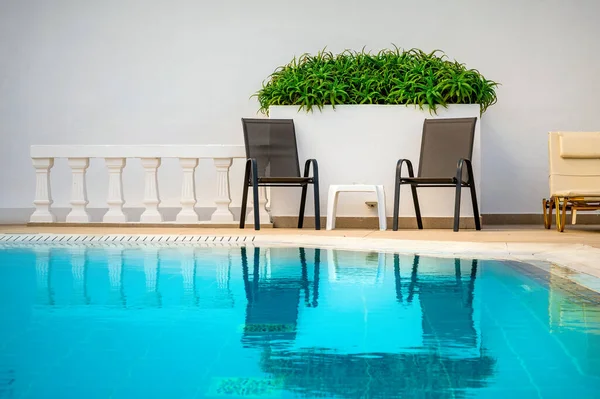 Two relaxation chairs positioned alongside crystal blue water swimming pool. A pristine white wall serves as a backdrop adorned with vibrant green plants, creating a serene oasis. Ultimate relaxation