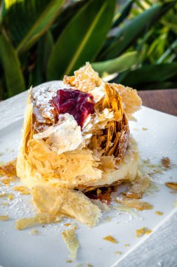 Milföy 'ün (milföy) yakın çekiminin yer aldığı zarif, şık bir tatlı. Şekerleme katmanları ve muhallebi ile sıralı yumuşak hamur işleri. Üst katman pudra şekeri ile tozlanmış, kenarları pürüzsüz altın