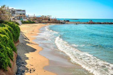 Yumuşak dalgalar, huzurlu sahil boyunca uzanan altın kıyılara dokunur. Sahil bitkileri ve uzak binalar dinlenmek ve sıcak hava hatıraları için parlak, berrak bir gökyüzü arkaplanı oluştururlar..
