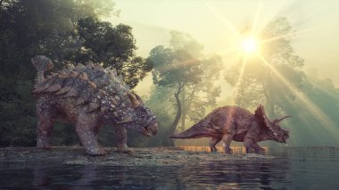 Ankylosaurus ve Triceratops gölün yanındaki vadide. Bu 3 boyutlu bir çizim..