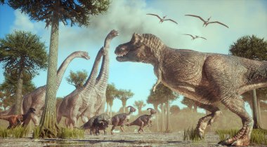 Brachiosaurus, Tyrannosaurus, Parasaurolophus, Triceratops ormanda. Bu 3 boyutlu bir çizim..