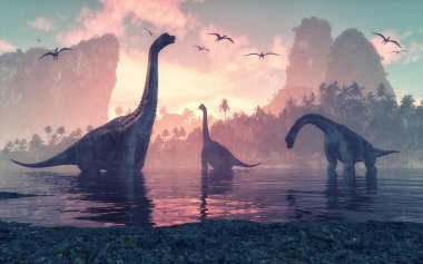 Palmiye ağaçları olan adaların yanındaki suda yaşayan Brachiosaurus dinozoru. Bu 3 boyutlu bir çizim.