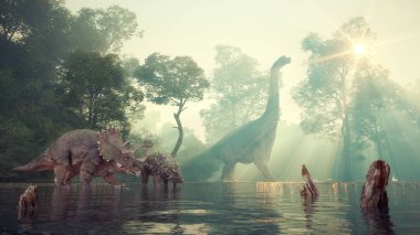 Brachiosaurus, ankylosaurus ve triceratops gölün yanındaki vadide. Bu 3 boyutlu bir çizim..