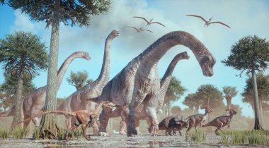 Dinozor türü - Brachiosaurus, Velociraptor, Triceratops, Parasaurolophus, doğada. Bu 3 boyutlu bir çizim..