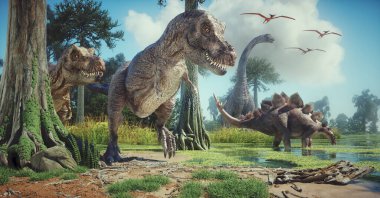 Ormandaki dinozorlar. Bu 3 boyutlu bir çizim.