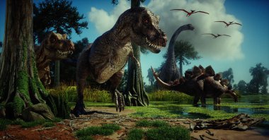 Dinosaurs in the forest. This is a 3d render illustration clipart