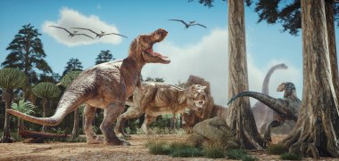 Doğadaki dinozorlar. Bu 3 boyutlu bir çizim.