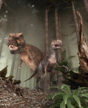 Ormandaki dinozorlar. Bu 3 boyutlu bir çizim.