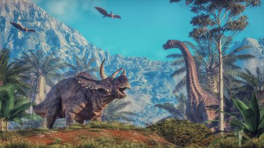 Vadideki dinozorlar. Bu 3 boyutlu bir çizim.