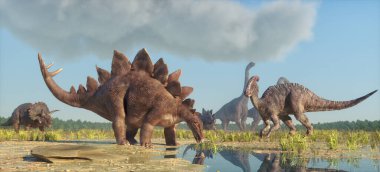 Doğadaki dinozorlar. Bu 3 boyutlu bir çizim.