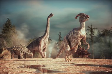Dinozorlar... Parasaurolopus, Ankylosaurus, Brachiosaurus, Stegosaurus doğada. Bu 3 boyutlu bir çizim.
