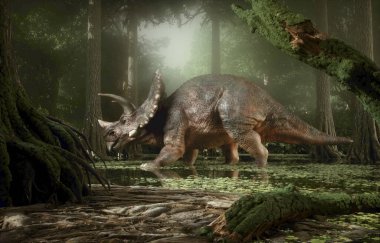 Ormandaki Triceratops dinozoru. Bu 3 boyutlu bir çizim.
