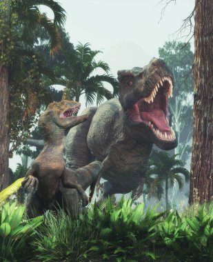 Tyrannosaurus ve Velociraptor ormanda yürüyor. Bu dinozor Kretase döneminin sonlarında yaşadı. Bu 3 boyutlu bir çizim.