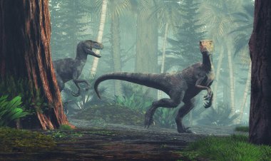 Velociraptor ormanda yürüyor. Bu dinozor Kretase döneminin sonlarında yaşamış..