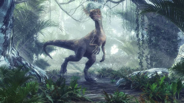 Ormandaki Velociraptor Kretase Döneminin Sonlarında Yaşadı Boyutlu Bir Çizim — Stok fotoğraf
