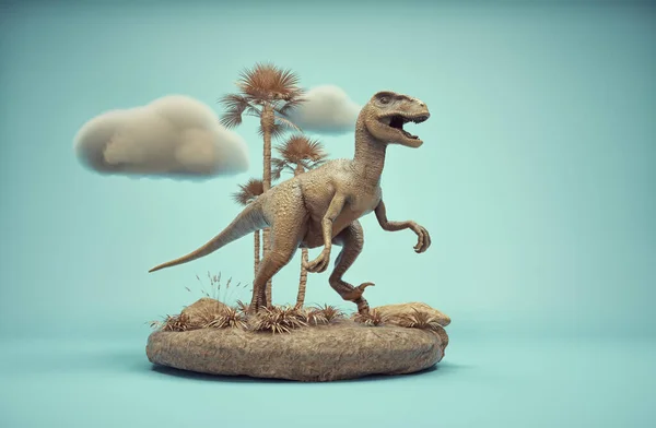 Velociraptor的概念演示场景 他生活在白垩纪晚期 这是一个3D渲染说明 — 图库照片