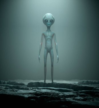Alien on dark foggy background. Unknown and ufo concept. This is a 3d render illustration.