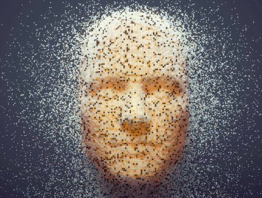 3D dissolving human head made with cube particles. Deep learning, Artificial intelligence. This is a 3d render illustration