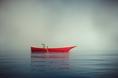 Empty rowboat at sea. Journey and escape concept . This is a 3d render illustration