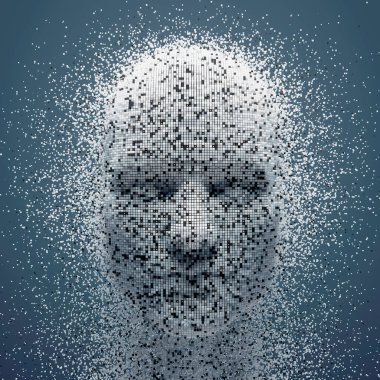 3D dissolving human head made with cube particles. Deep learning, Artificial intelligence. This is a 3d render illustration