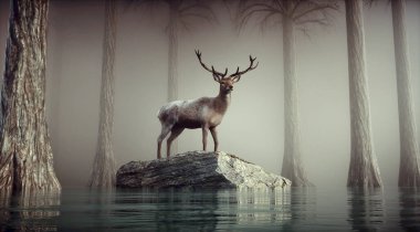 Deer in the nature habitat during misty morning. This is a 3d render illustration.
