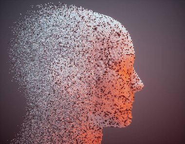 3D dissolving human head made with cube particles. Deep learning, Artificial intelligence. This is a 3d render illustration