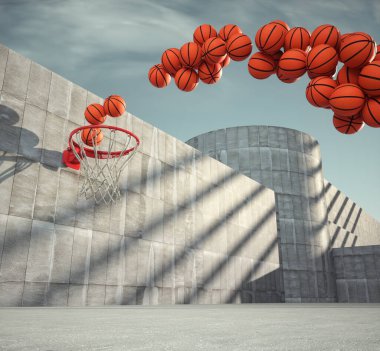 Basketball hoop and a lot of shots. Target audience and ambition concept. This is a 3d render illustration .