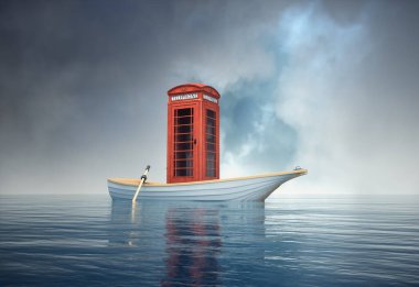 Telephone booth on a boat in the ocean. Booking agency and journey concept. This is a 3d render illustration