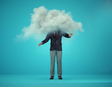 A businessman with his head in the clouds. This is a 3d render illustration