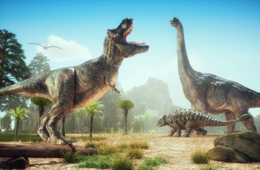 Ormandaki dinozorlar. Bu 3 boyutlu bir çizim.